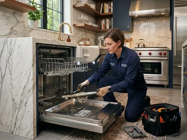 Appliance Repair Hero technician servicing a built-in dishwasher in a Benson, NC kitchen