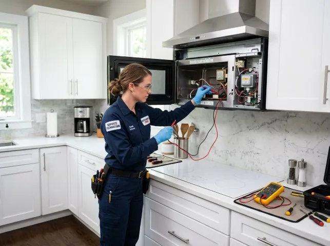 Appliance Repair Hero technician testing an over-the-range microwave in a Benson, NC kitchen